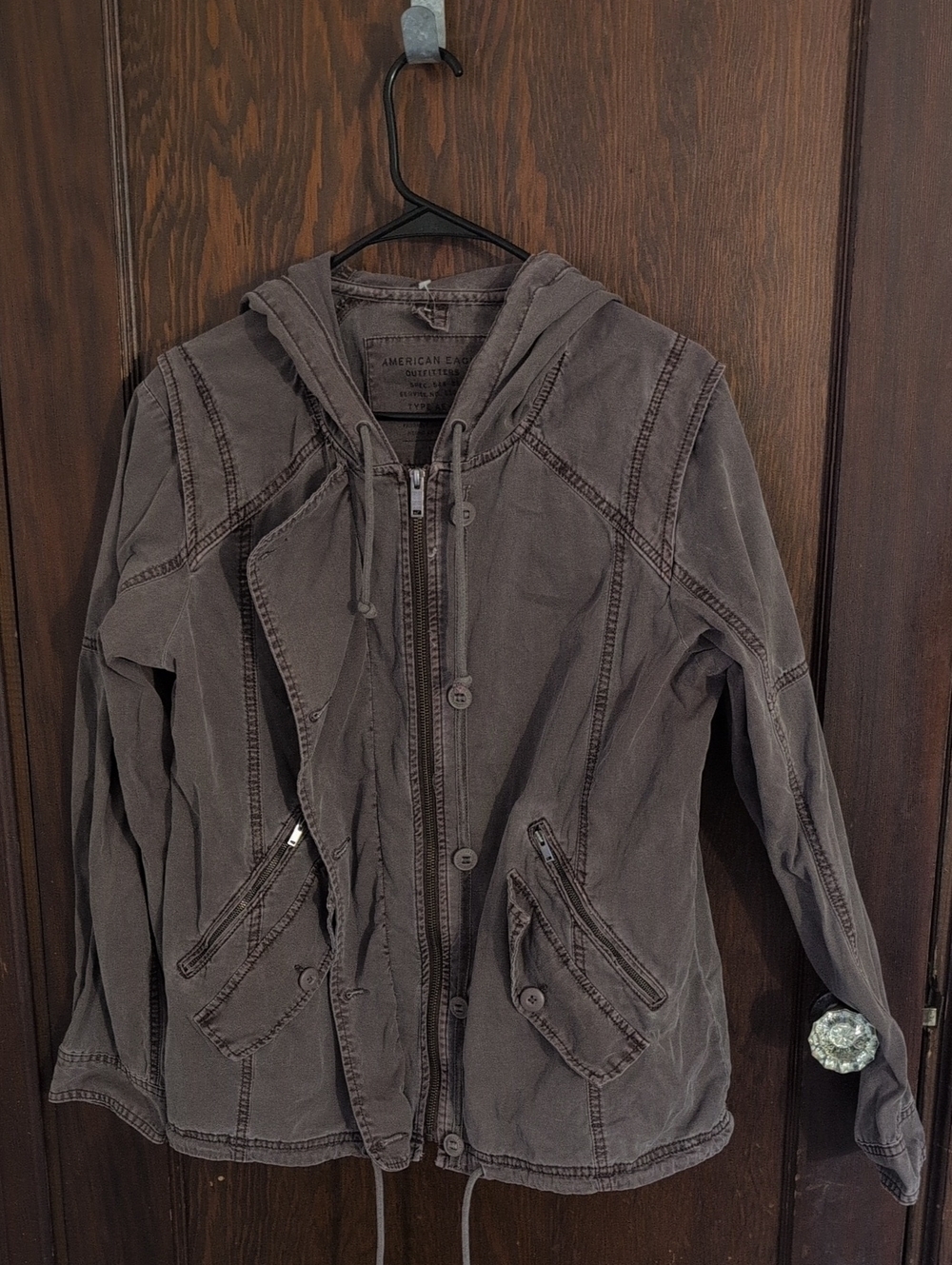 American Eagle Outfitters Hooded Zip Jacket in Faded Gray-Brown